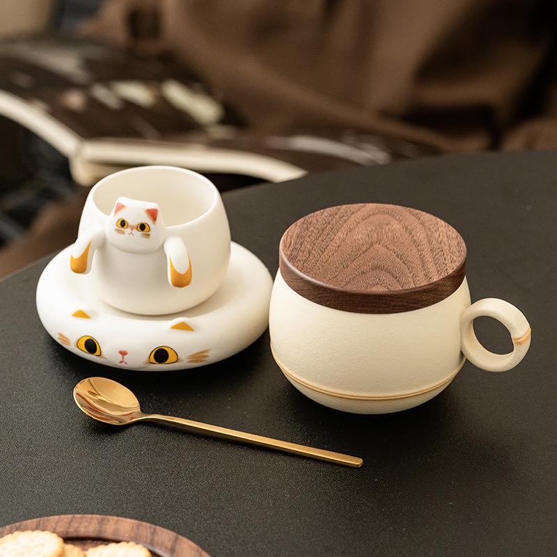 Cat-Themed Ceramic Coffee Mug & Saucer Set for Women
