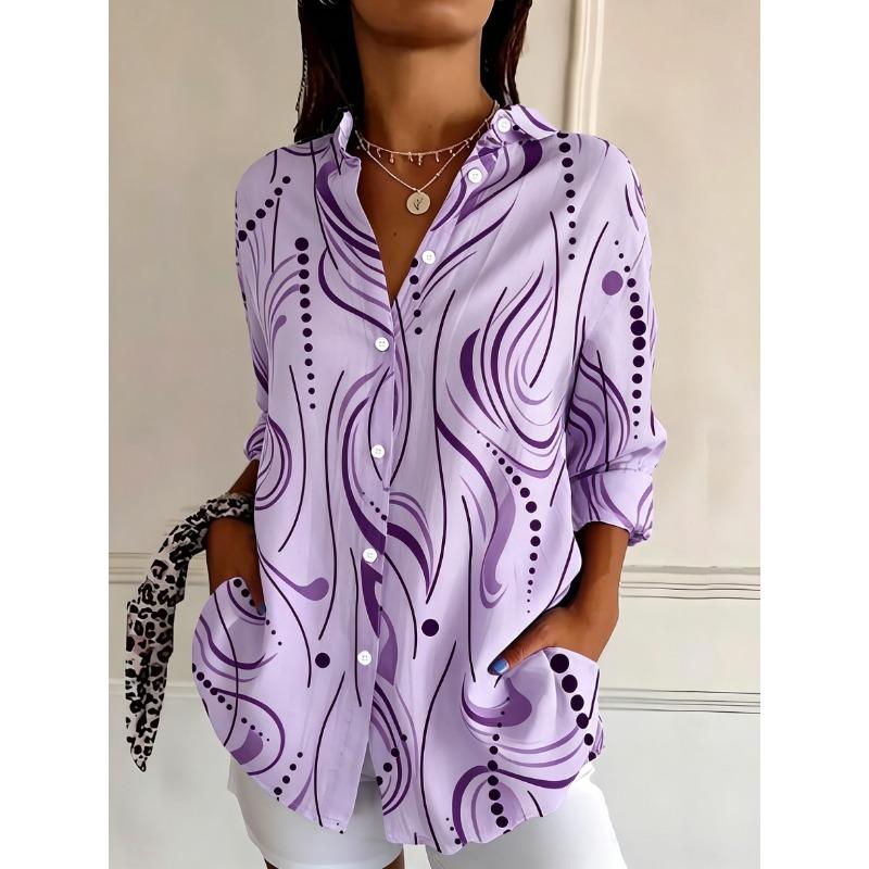 Women's Long Sleeve Abstract Wave Print Button Down Casual Shirt Elegant Daily Blouse Tops in White Blue for Spring Summer