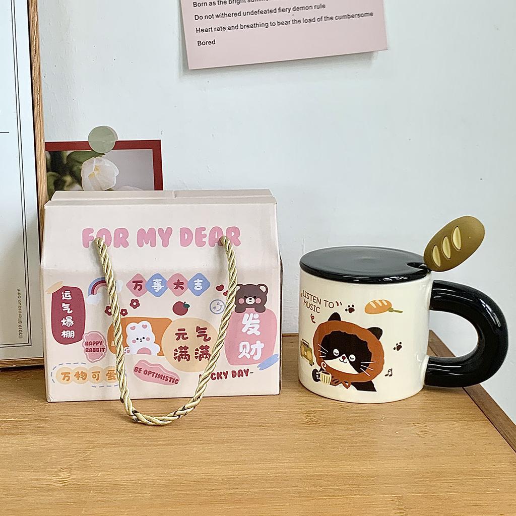 Brot Kätzchen Tasse mit Deckel Löffel Große Kapazität Keramiktasse für Mädchen Büro Wasserbecher Kaffee Frühstückstasse Männer