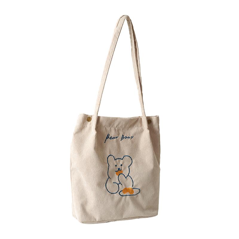 Women Corduroy Shoulder Bags Bear Pattern Ladies Casual Handbag Reusable Large Capacity Tote Bags Casual Female Shopping Bags