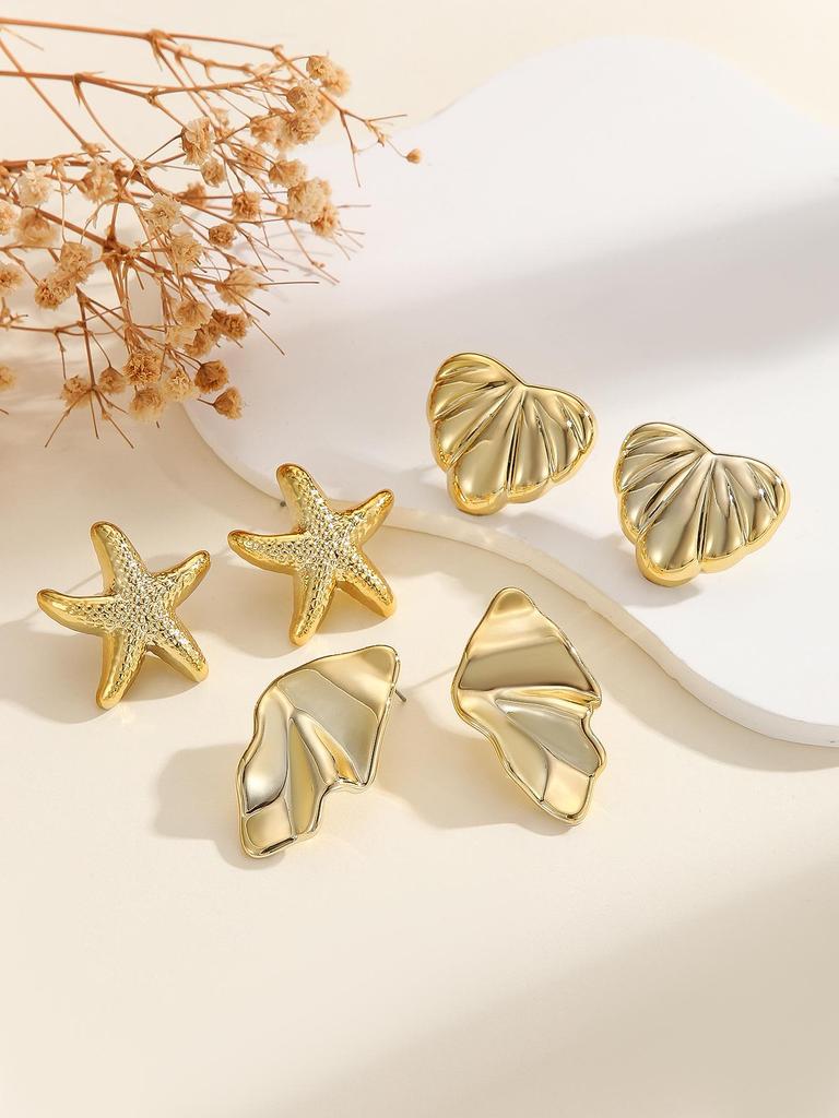 Retro Minimalist Starfish Heart 3-Piece Earring Set – Versatile Fashion CCB Hollow Design