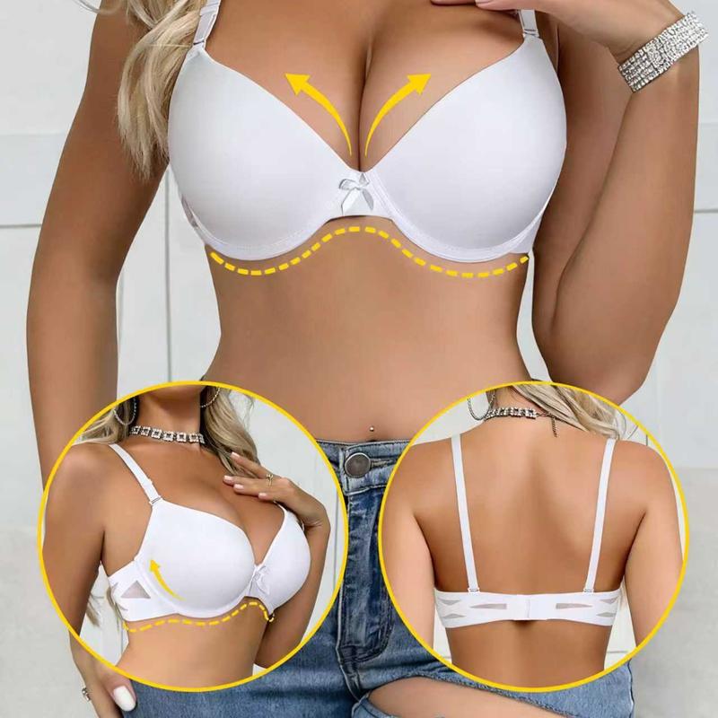 Women Small Bust-enhancing Gathered Bra with Seamless Clasp Mesh Breathable Straps Bow-knot Underwire Lingerie- 9874