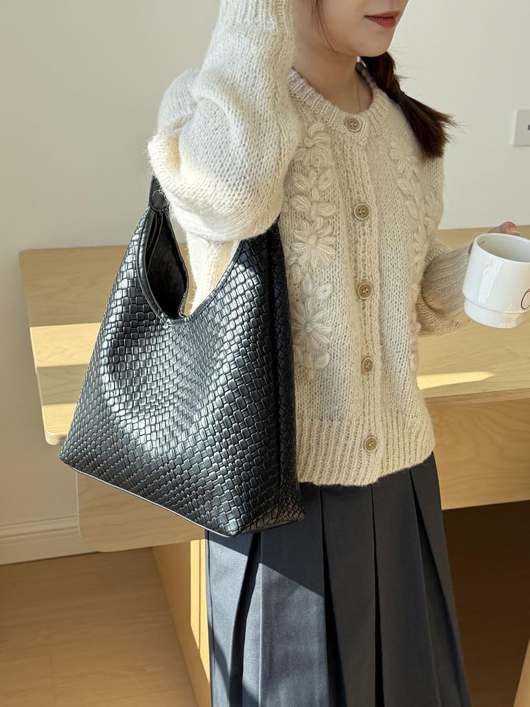 Casual Knitting PU Leather Women's Shoulder Bags Vintage Solid Color Ladies Underarm Bags Fashi Large Capacity Female Tote Bag