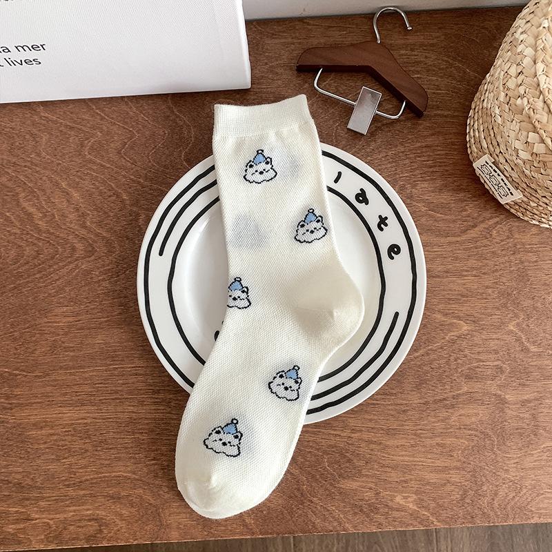 

Женские летние тонкие милые носки с бантом, щенком, мультяшным животным, в горошек, полоску, кружевные, средней длины, махровые 1 pair