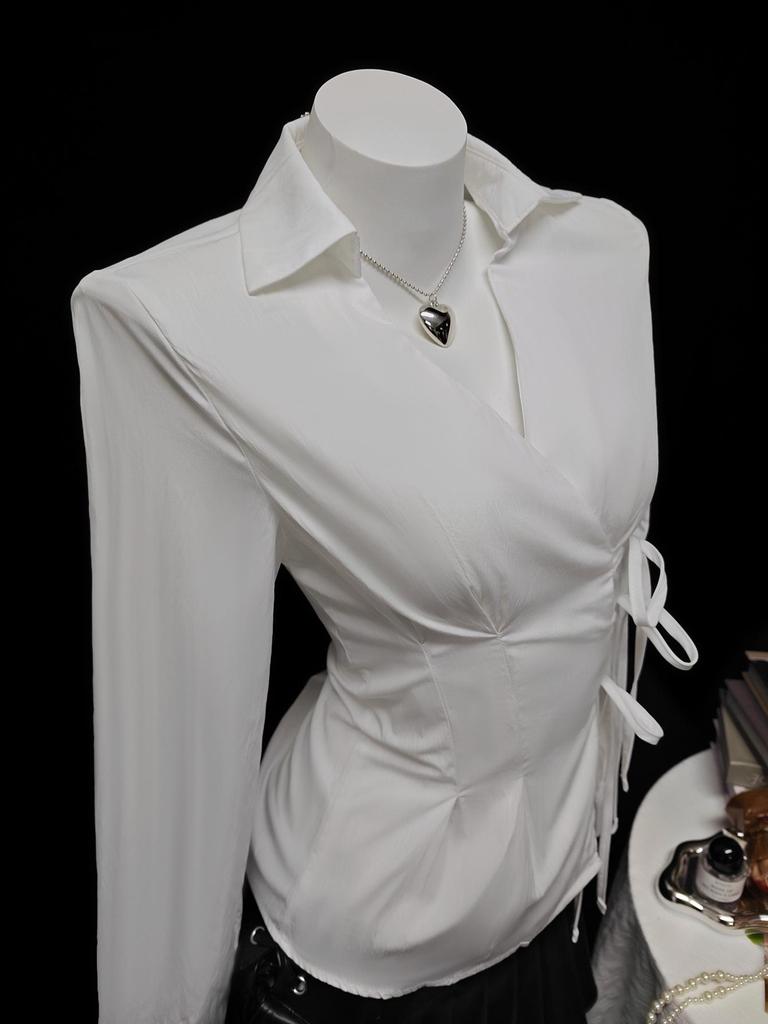 In Stock - European & American Casual Waist-Cinching Solid Color Women's Shirt