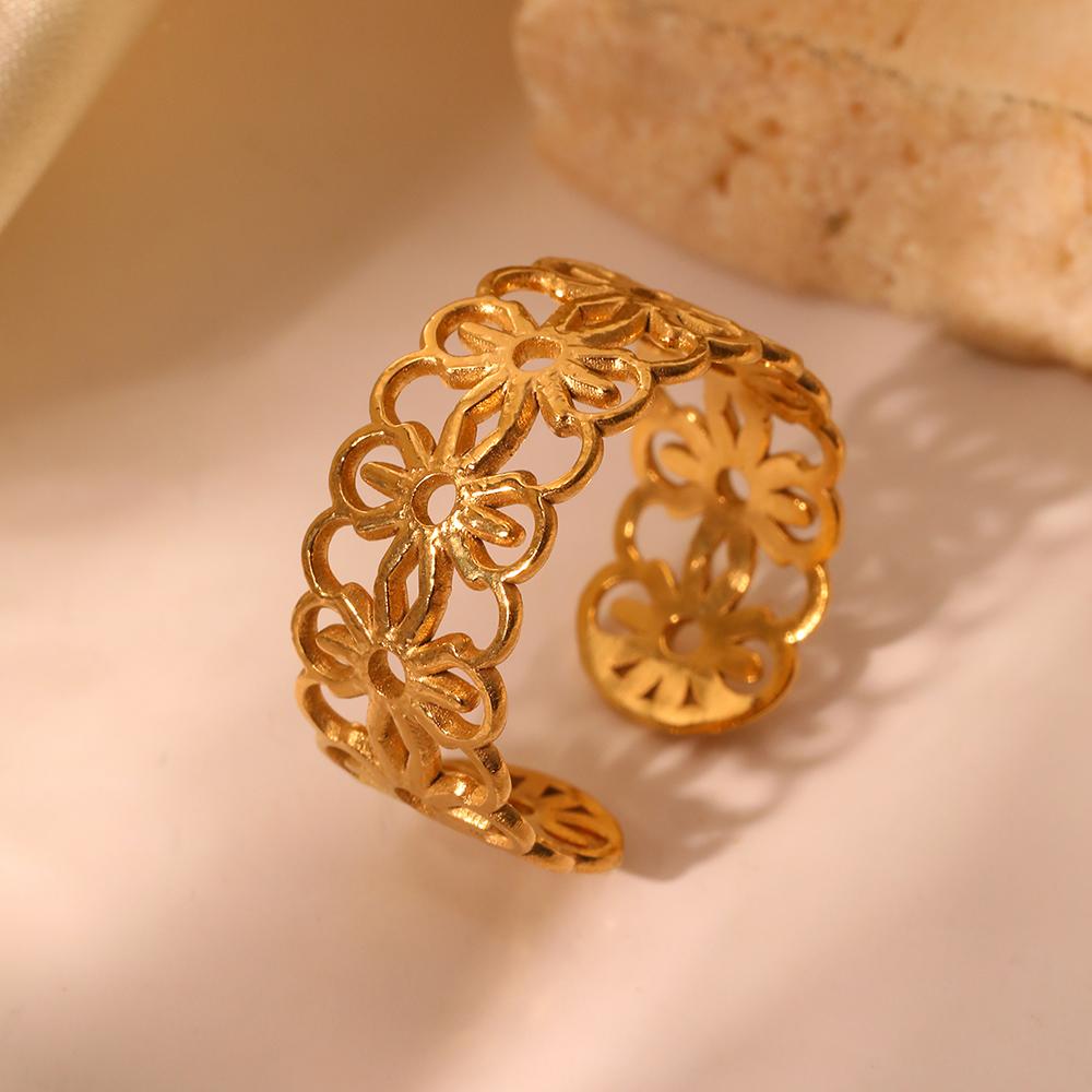 Stainless Steel Rings Geometrical Hollow Irregular Flowers Open Ring Minimalist Design Sense Ring For Women Zircon Banquet Gift