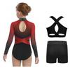 Girls Sparkly Rhinestones Color Block Leotard Long Sleeve Keyhole Back Design Cross Back Vest Shorts Skating Outfit