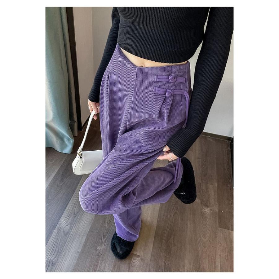 Meilade Autumn Winter Chinese Style Pao Kuao Fleece-Lined Sherniel Wide Leg Pants Women High Waist Drop Crotch Straight Leg Casual Trousers