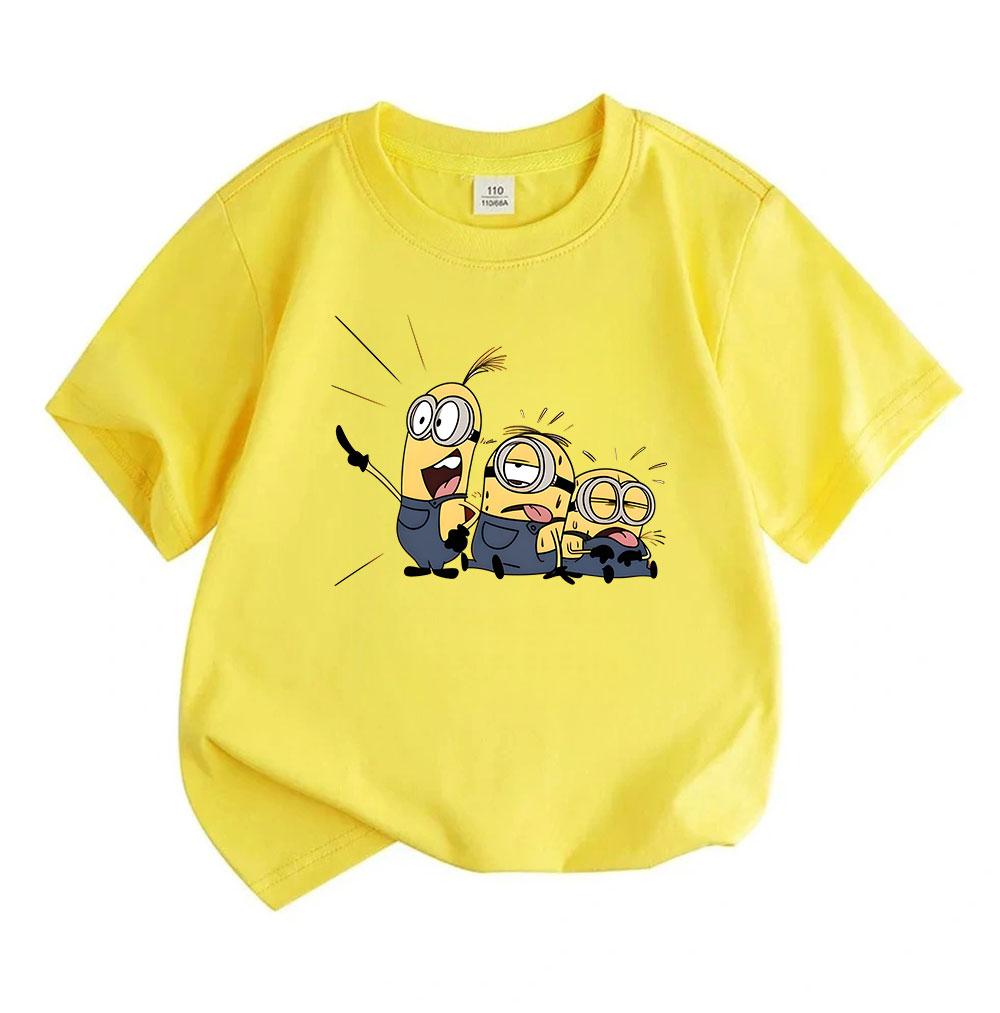 Kids Boys Girls 100% Cotton Crew Neck Short Sleeve T-Shirt, Cute Cartoon Three Funny Yellow Characters Print Casual Soft Tee Tops for Children Daily W