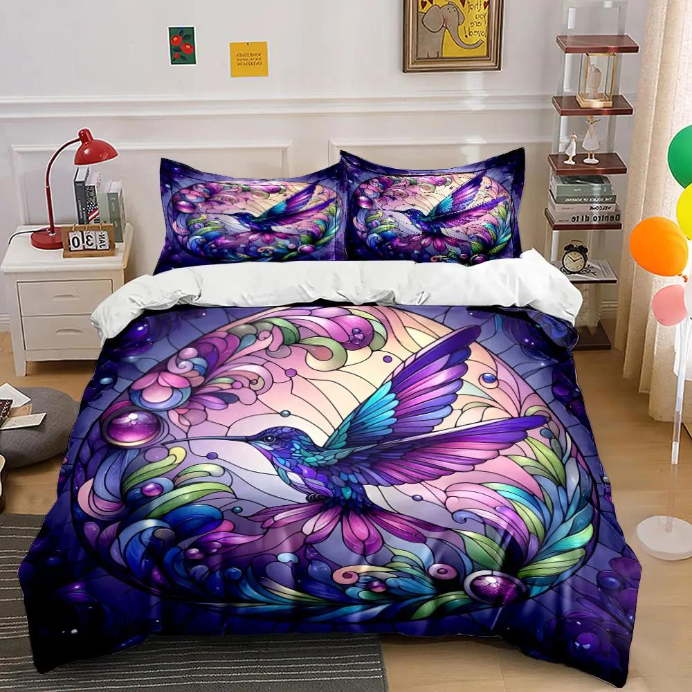 "Hummingbird Stained Glass Decor Set" Soft Comfortable Duvet Cover Bedding Set Included 1*Duvet Cover & 2*Pillowcases Gift