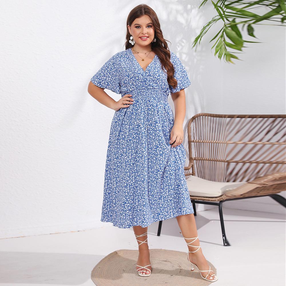 

Летнее женское платье большого размера с v-образным вырезом и тонким принтом, элегантное простое платье с короткими рукавами 4XL синий