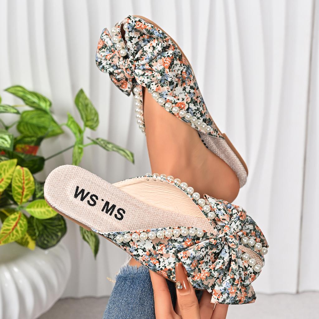 Women Slippers Summer Fashion Slippers Pearl Bow Round Head Flat Sandals Bag Toe Versatile Large Size Shoes Women Slides Women