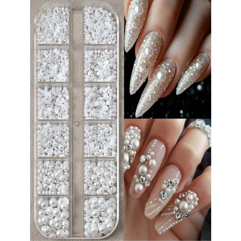12 Grids 3D Semi-Circle White Simulation Pearl Nail Art Decorations, Semi-Circle Pearl Gems, DIY Nail Art Decor, Suitable For Home DIY Nail Art