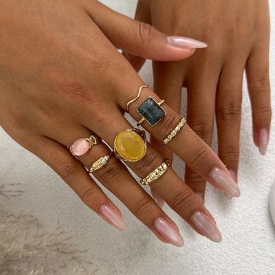 Salircon 7Pcs/Set Elegant Vintage Acrylic Rings Women Punk Gold Color Irregular Hollowout Open Knuckle Joint Ring Jewelry