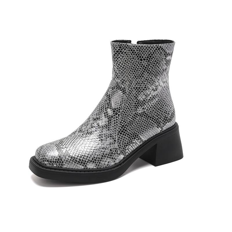 

Микрофибра с узором змеи, верх, квадратный носок, толстый каблук, боковая молния, новые короткие ботинки, римский стиль, змеиная кожа, узор мелкой сетки, ботинки 39