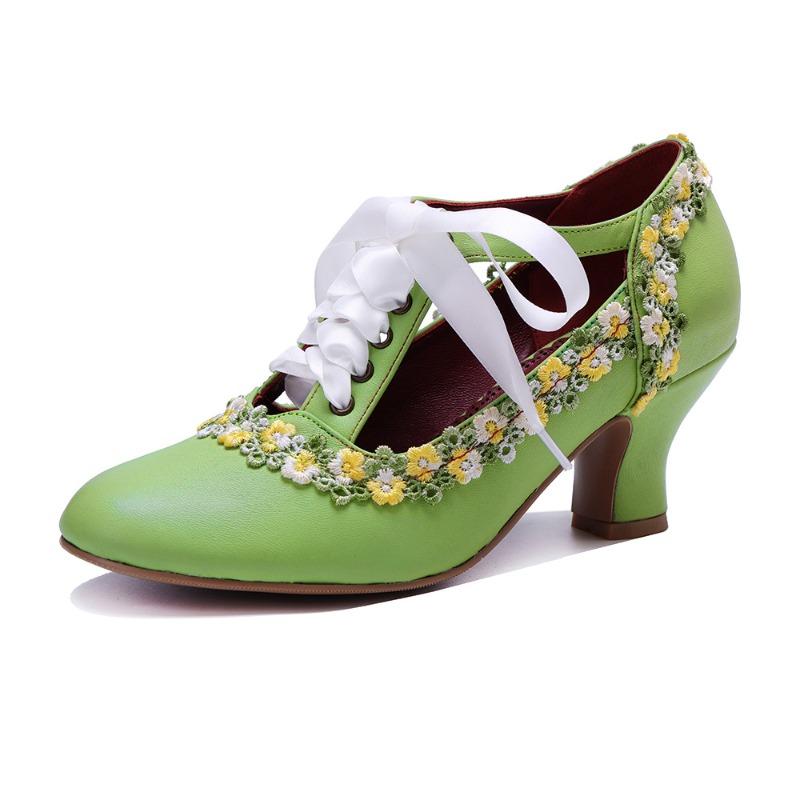 

Spring and summer ladies handmade leather polished retro lace Mary Jane lace-up high heels 42 світло-зелений колір