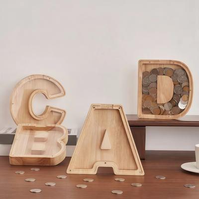 Wooden Piggy Bank with Clear Window A-Z Letter Coin Cash Container for Kids