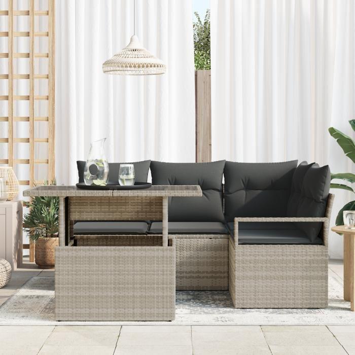 Ensemble de Canapés de Jardin vidaXL 5 pièces avec Coussins Gris Clair en Poly Rattan, Canapé de Jardin 2 Places vidaXL avec 3357555