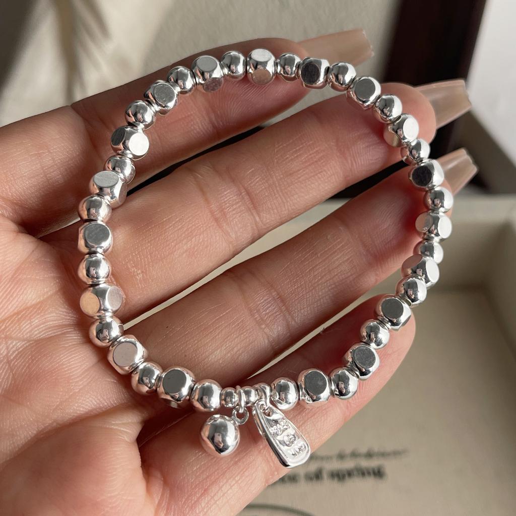 100% Massives 925er Sterlingsilber Retro-Armband für Damen Herren Vintage Handgefertigt Steinperle Einfaches Armband Geburtstagsgeschenk