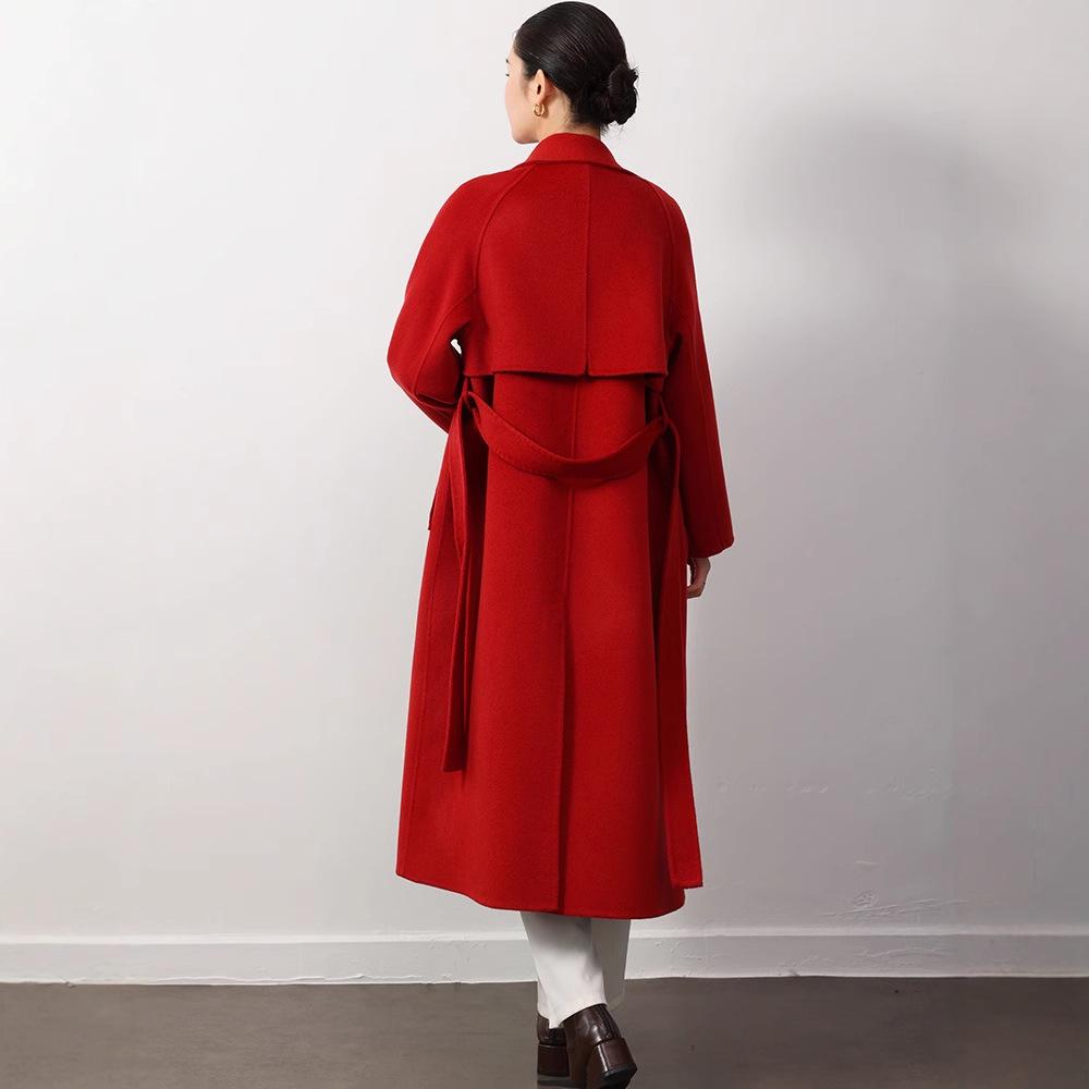 Double-Sided Cashmere Wool Coat, Women's 2024, 100% Wool, Stand Collar, Hepburn Style, Long and Loose Fit.