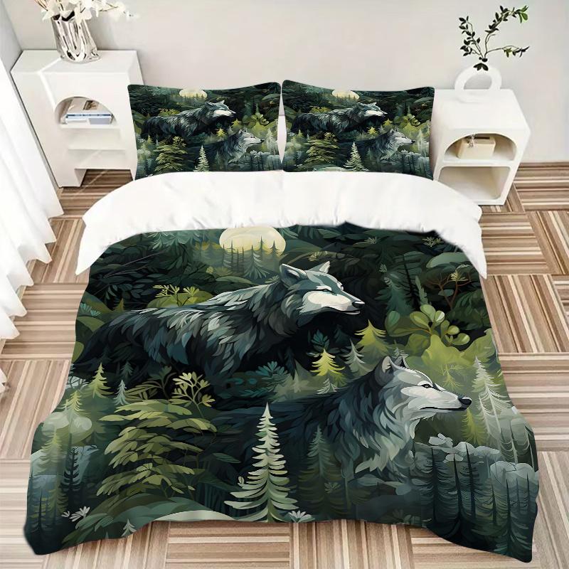 3pcs Two Wolves in the Forest Printed Quilt Set - Includes 1 Quilt Cover and 2 Pillowcases, Machine Washable - Suitable for All Seasons.J088