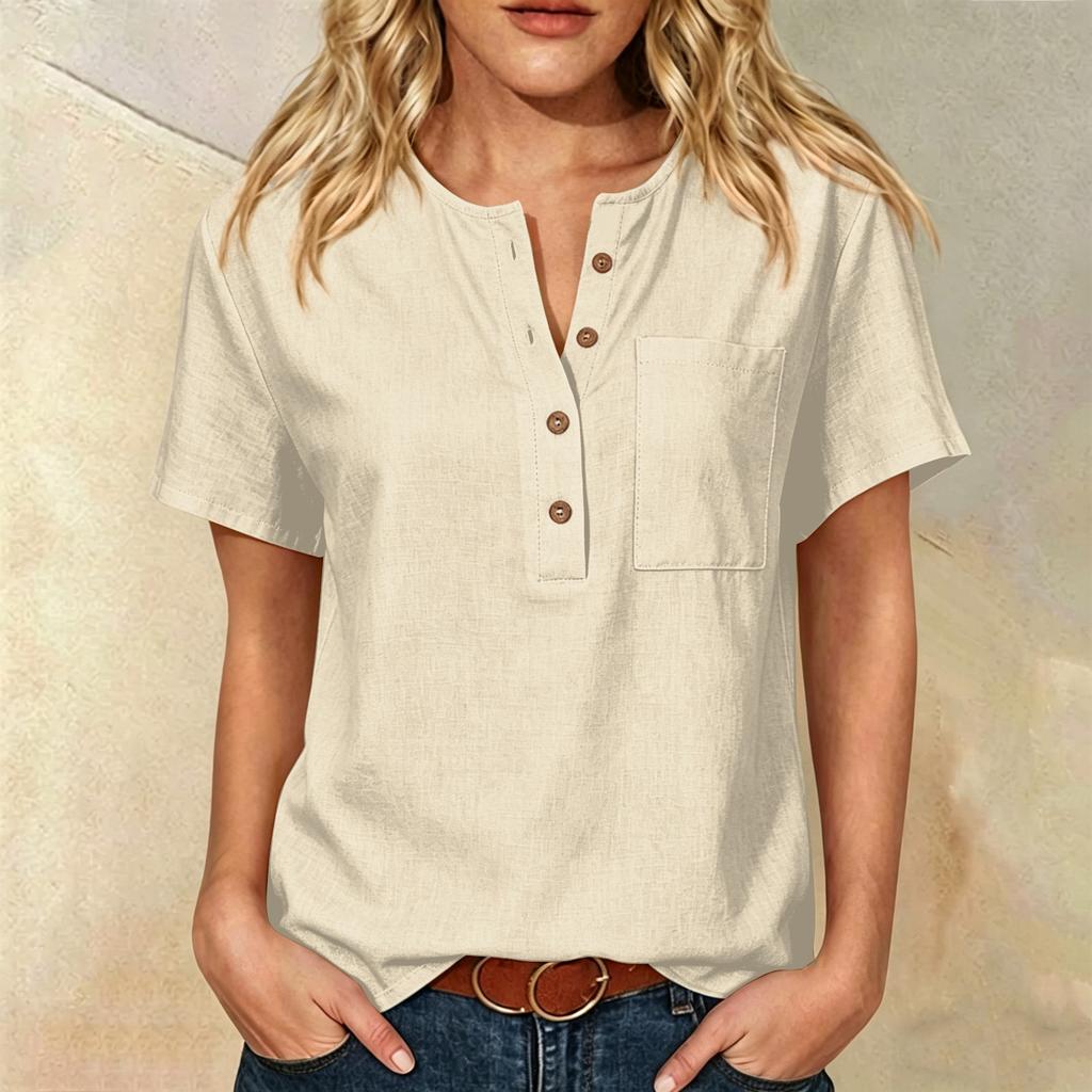 Women Short Sleeve Henley Neck Button Down Linen Cotton Shirt with Chest Pocket Relaxed Fit Casual Top Blouse for Daily Wear