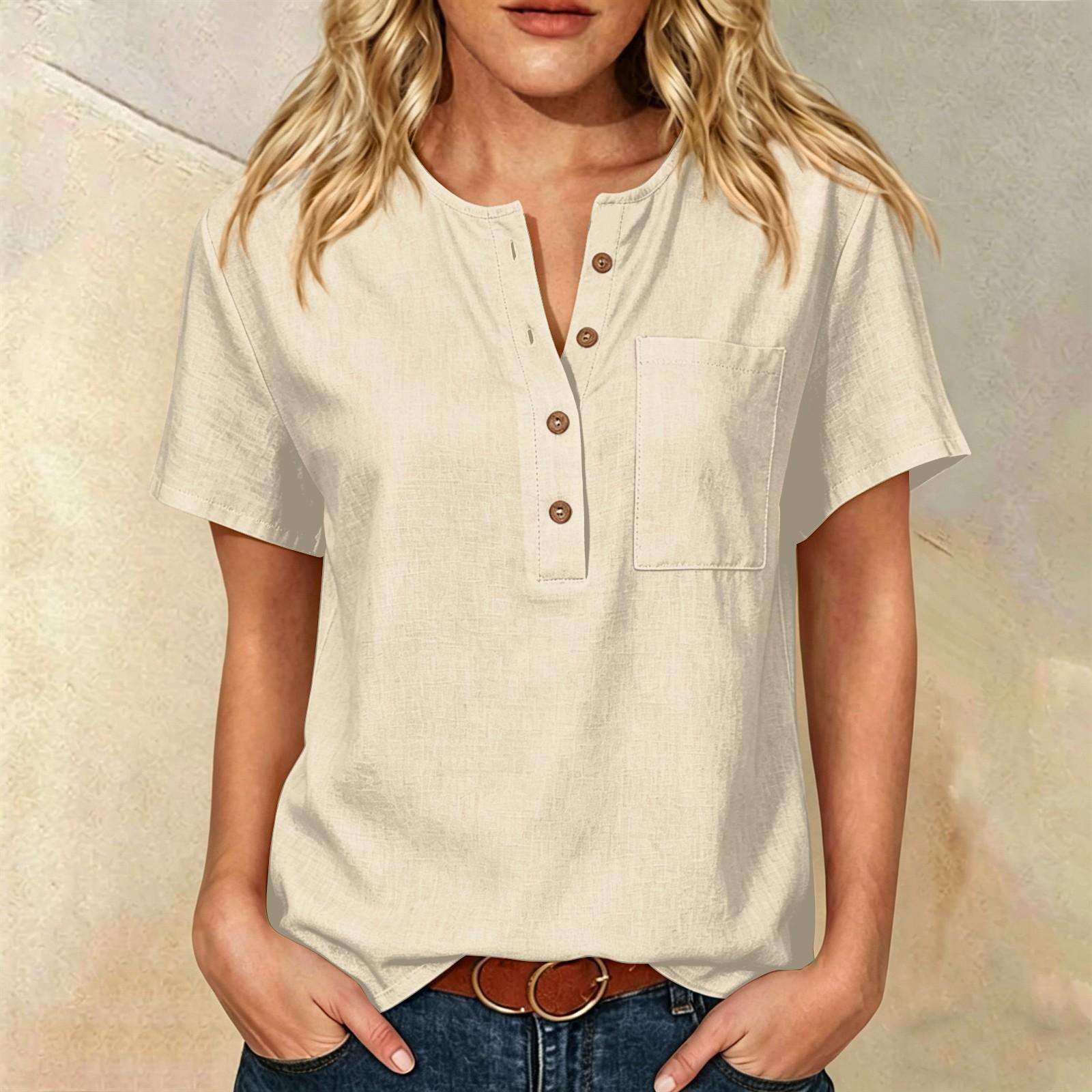 

Women Henley Neck Button Down Short Sleeve Shirt Casual Linen Cotton Top with Chest Pocket for Daily Wear XXL хаки