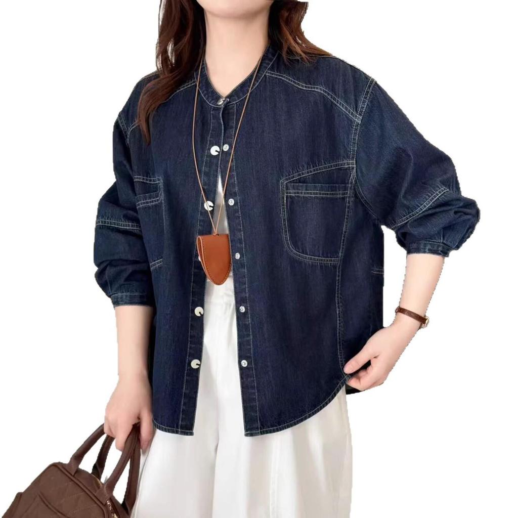 2026 Spring Korean Slim Stand Collar Denim Cardigan - Women's Long Sleeve Top