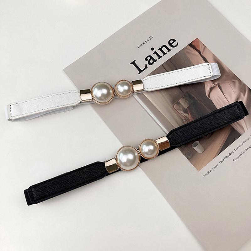 Women Double Pearl Belt Pu Leather Dress Skirt Waist Elastic Thin Belts
