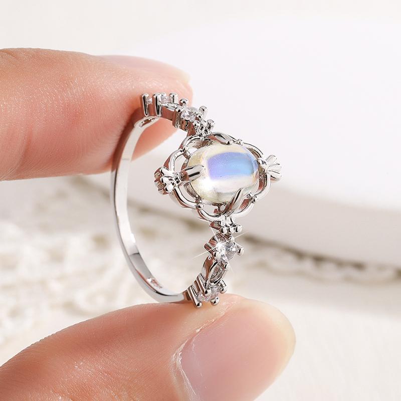 S925 Silver Plated Fashion Moonstone Ring for Women Creative Engagement Jewelry Anniversary Wedding Gift