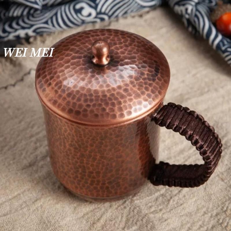 1Pcs Handcrafted Vintage Copper Coffee Mug,Thickened With Lid Camping Cold Drink Cup,Hammer Texture Woven Tea Cup Tableware