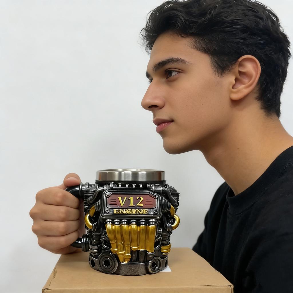 Motoren Edelstahlbecher Handgefertigt V12 Motoren Kaffeetasse Für Autoenthusiasten Teetasse Für Zuhause Oder Büro Einzigartige 3D Geschenke
