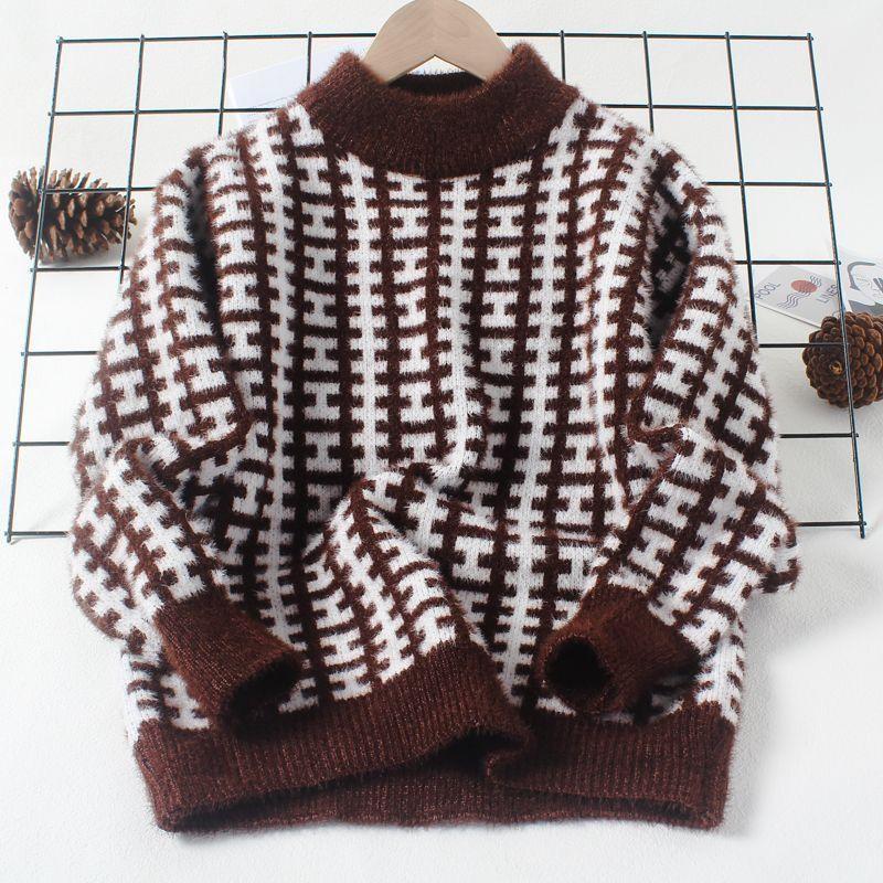 

Свитер из меха норки для мальчиков и девочек с утолщенным флисом, детский вязаный свитер 170 темно-коричневого