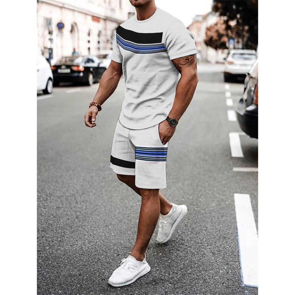 New Stitching Printed Men's Suit Summer Round Neck Short Sleeve Top And Casual Shorts Fashion Street Style Two-Piece Set