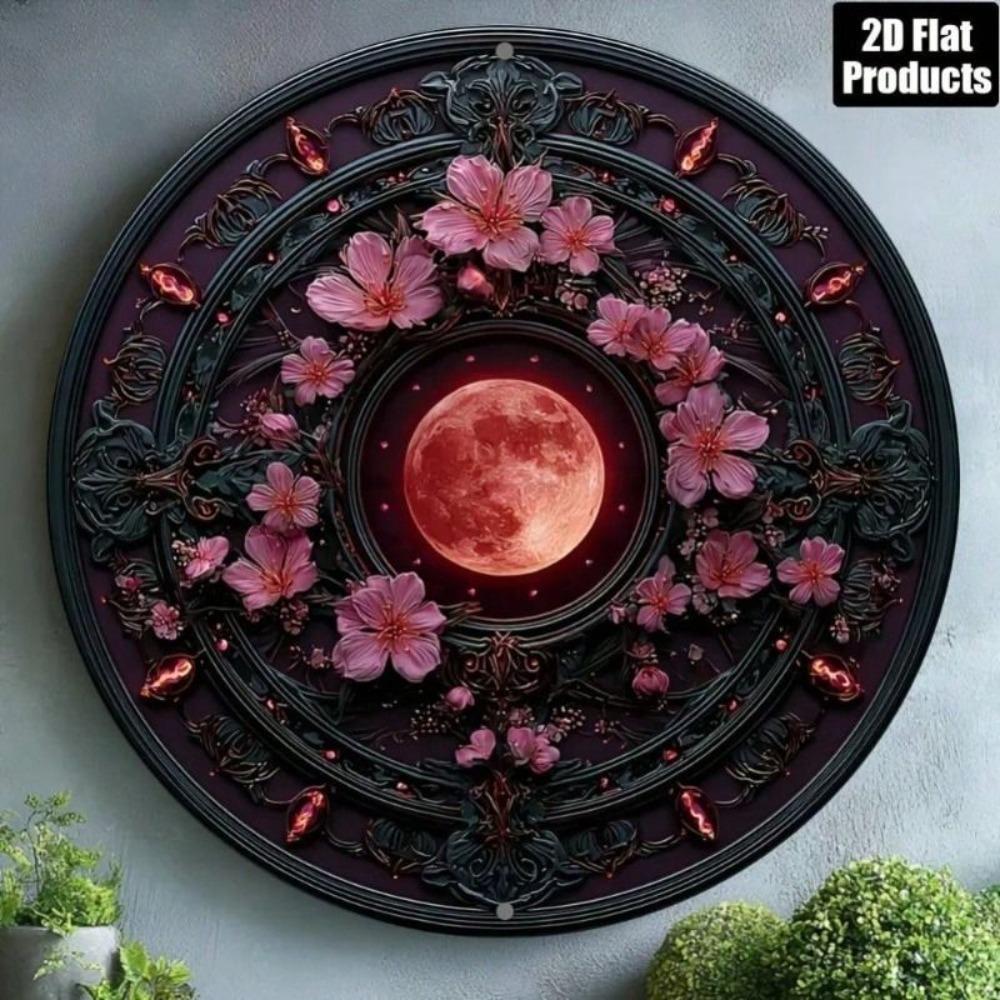 Metal Poster Wall Art Vintage Moon Flower Round Aluminum 2D Living Room Decor