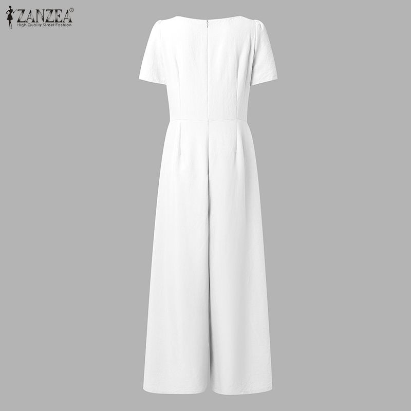 ZANZEA Women Elegant Square Collar Casual Short Sleeve Wide Leg Jumpsuits