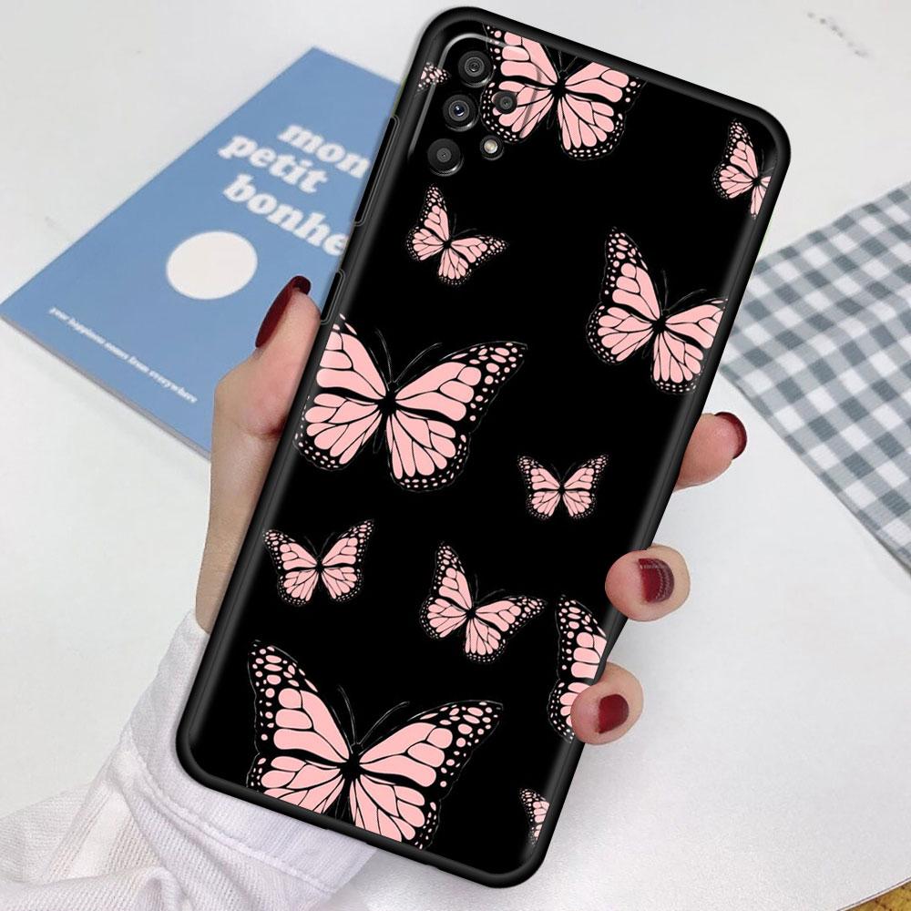 Case For Samsung Galaxy A52 A12 A32 A51 A21s A71 A13 A53 A22 A31 A72 A03 A02s A41 Black Phone Shell Beauty Pink Butterfly