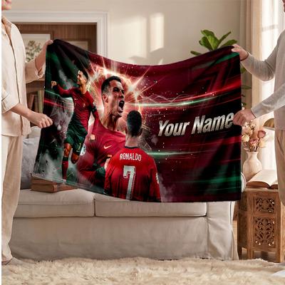 Personalisierte Fleece-Decke Cristiano Ronaldo mit Fußball-Logo, Individueller Name Text Weich Warm Home Überwurfdecke