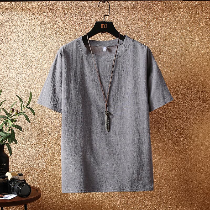 

Summer Solid Color Crew Neck T-shirt Men s, New Japanese Loose Short-sleeved T-shirt Men s Clothing M серый