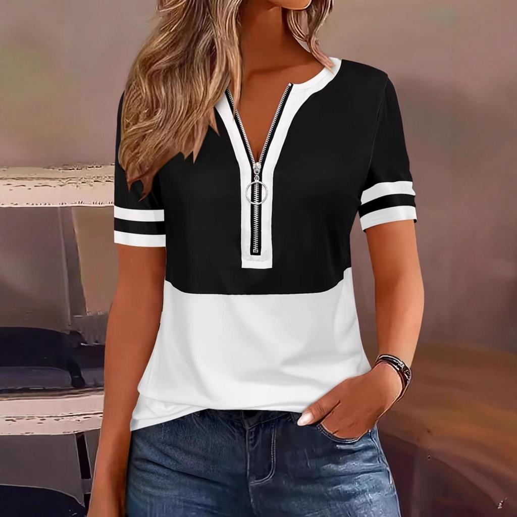 European-American Cross-border Fashion Color Block Zipper Short Sleeve Top