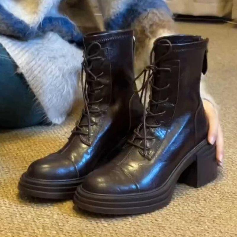 Cowhide Version~ Thick-soled High-heeled Martin Boots Femininity Versatile Leather Thin Boots Retro Rear Zipper Heightening Short Boots