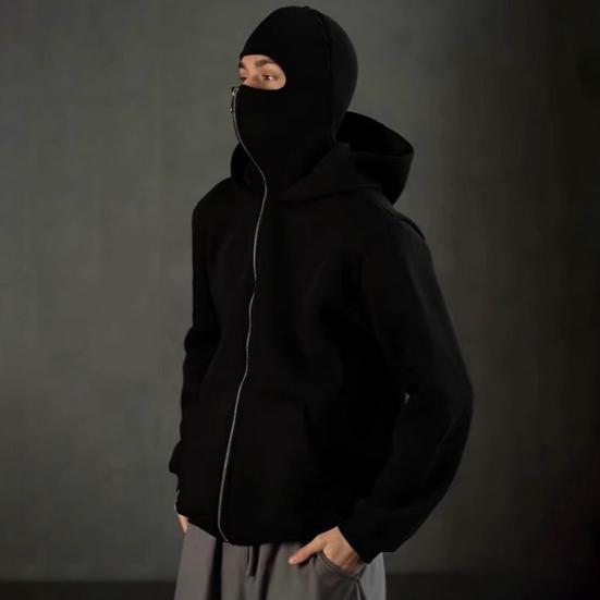 Unisex Kukla Mikina Teplá Volná Mikina s Kapucí Zapínání na Zip Ležérní Bunda s Obličejovou Maskou pro Podzim Zimu Venkovní Sporty Streetové Oblečení