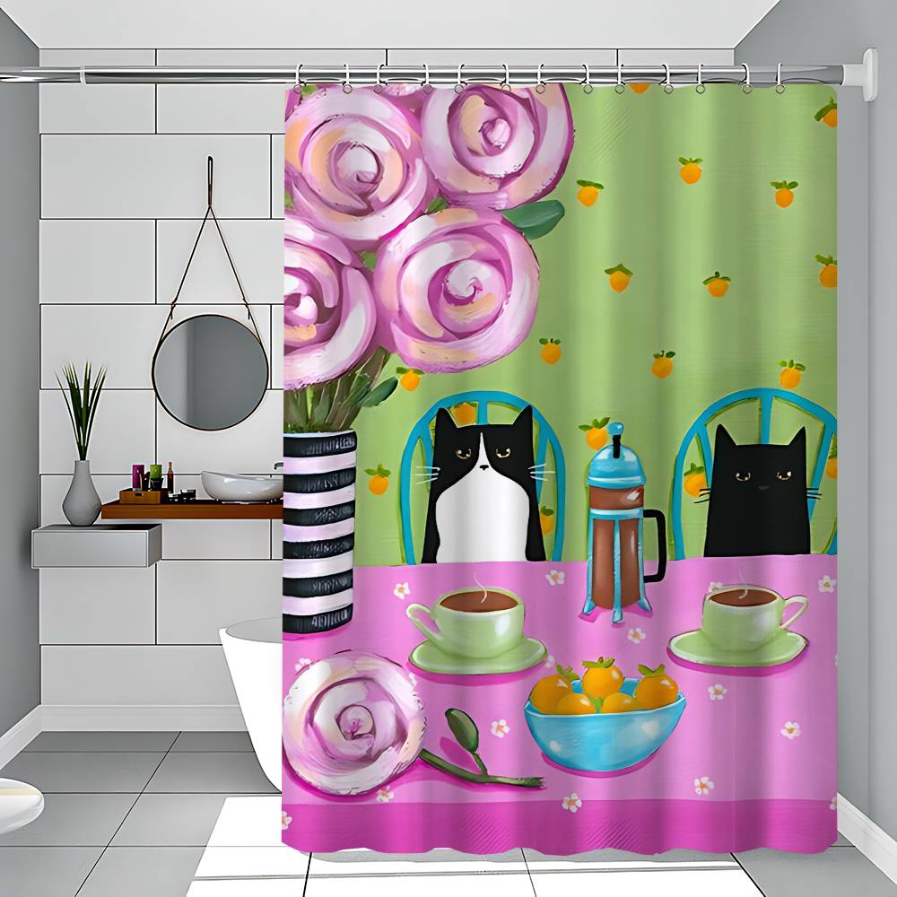 Black And Pink Cat Funny And Creative Beach Shower Curtain Waterproof Polyester Bath Curtains For Bathroom Decorate With Hooks