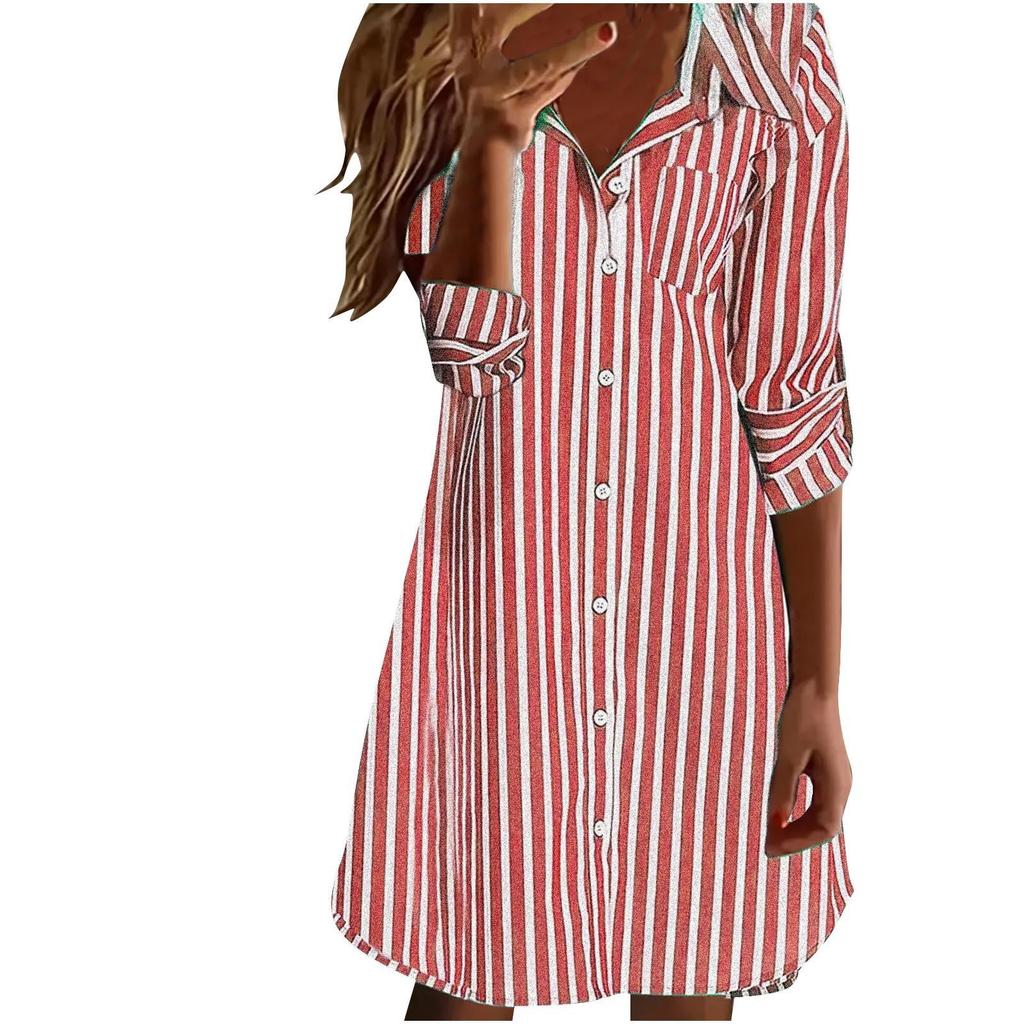 Ladies' Fashionable Striped Lapel Casual Long Sleeved Loose And Comfortable Button Up Dress