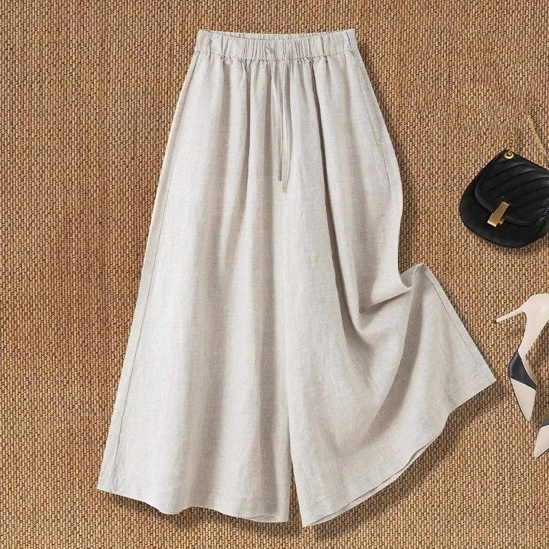 Women's Linen-Blend Wide Leg Pants, Elastic Waist Casual Culottes With Drawstring