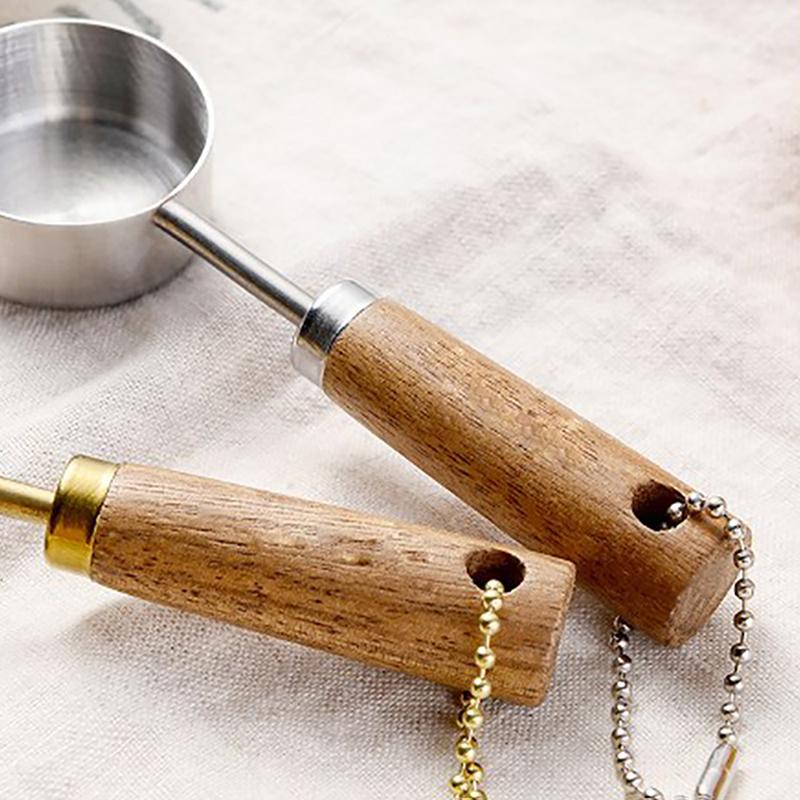 Stainless Steel Measure Spoon Flat Bottom Hangable Measuring Cup Rustproof With Wood Handle Kitchen Coffee Measure Tools