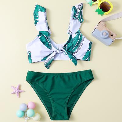 Children Two-Piece Ruffled Swimsuit Girls‘ Tankini Bathing Suit Toddler Leaves Printed Knot Top with Solid Briefs Summer Beach Swimming Suit for Kids