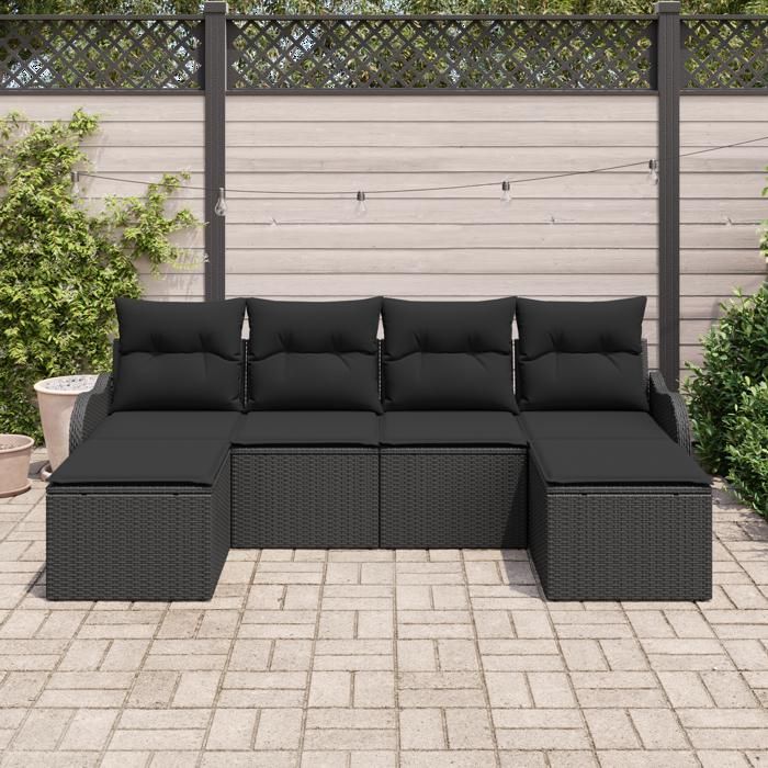 Set de canapé jardin vidaXL 6 pièces avec coussins rotin poly noir, Canapé jardin 2 places vidaXL avec rangement et coussins 3354482