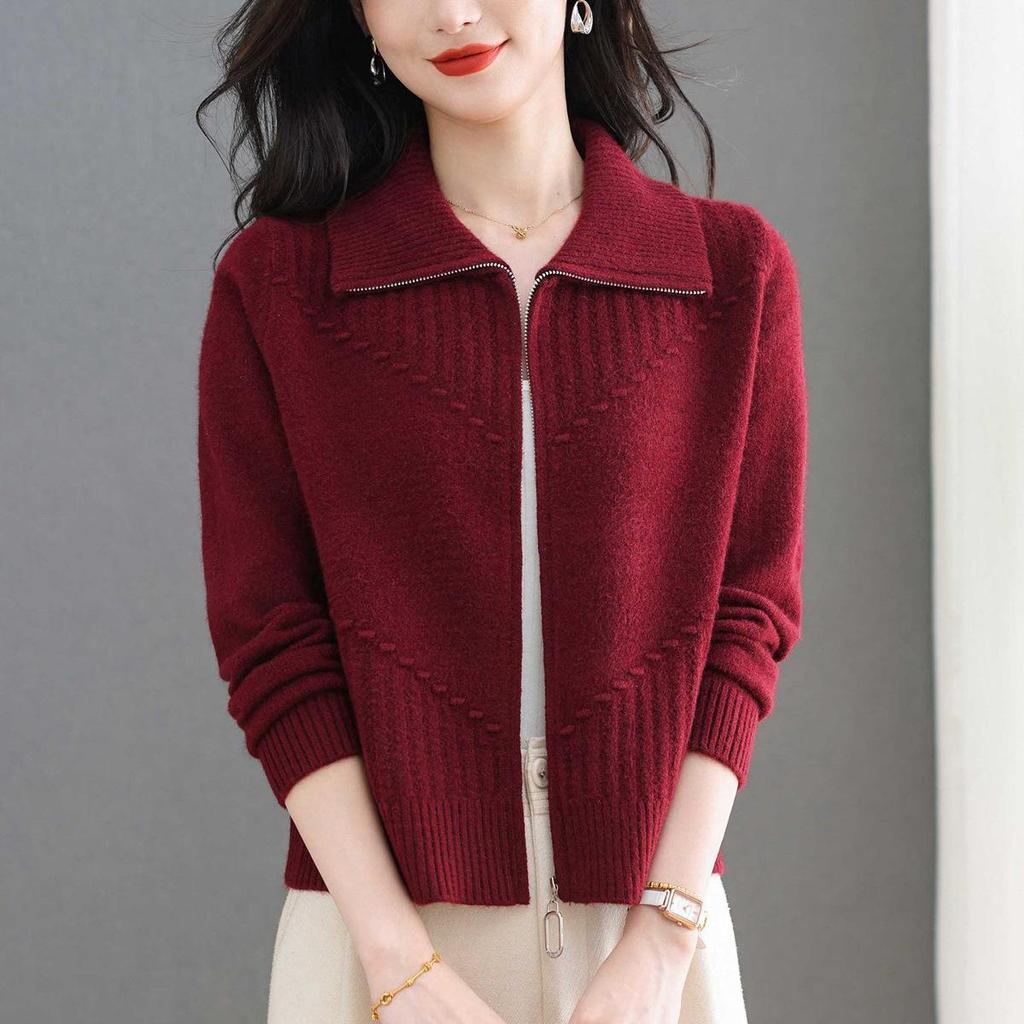 Damen Schlankmachende Mode Revers Reißverschluss Strickjacke Jacke, Kurzer Langarm Pullover Mantel für Herbst/Winter 2025