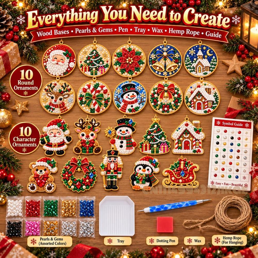 Ornamenti di Natale in Legno, Kit per Pittura con Perle Fai da Te per Adulti, Kit per Diamond Painting di Natale per Adulti, 10 Disegni in Legno con Corda di Canapa